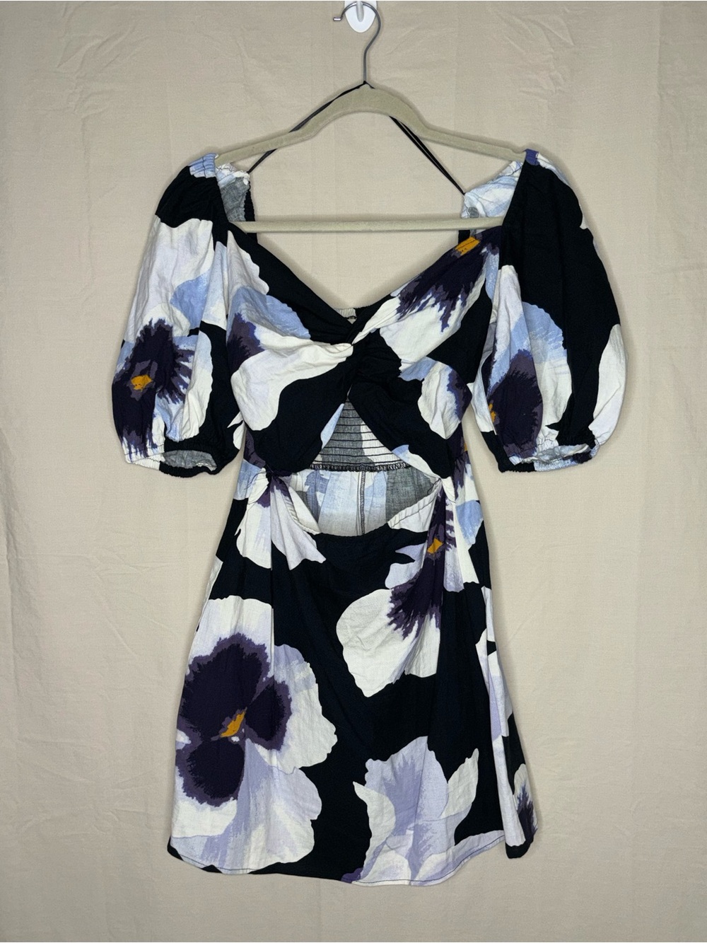 H&M Navy Floral Midi Dress with Puff Sleeves